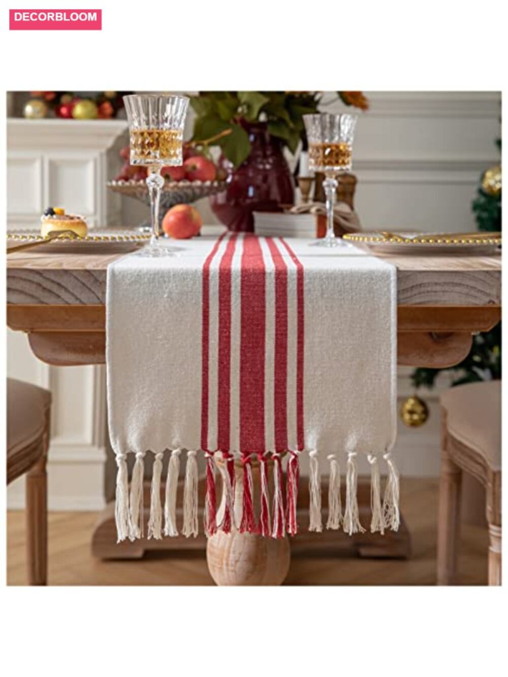 Cotton Striped Table Runner 13x90 with Handcrafted Tassels Boho Farmhouse Decor